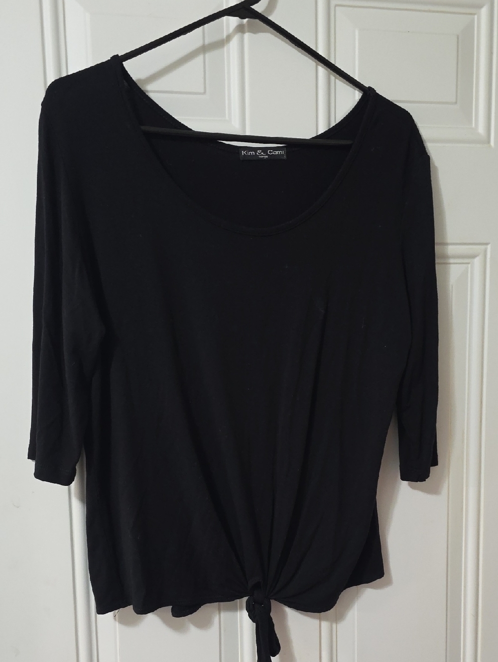 Kim & Cami Black Scoop-Neck Tie-Front Long Sleeve Top
